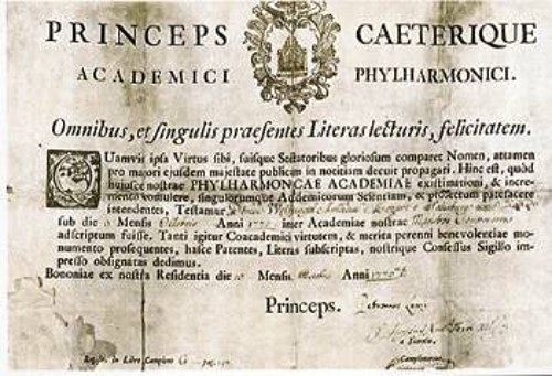 Το δίπλωμα του μέλους της Φιλαρμονικής Ακαδημίας της Μπολόνια, που η ελλανόδικος επιτροπή επέδωσε ομόφωνα στον Β.Α. Μότσαρτ στις 10 του Οκτώβρη 1770