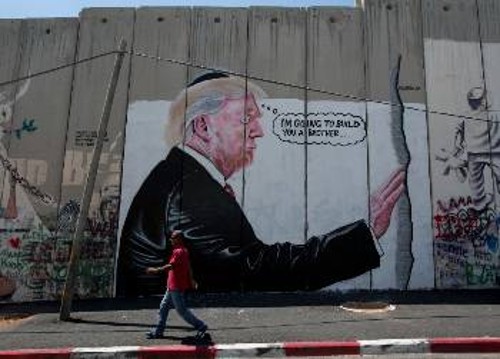 Στο τείχος που περνά από τη Βηθλεέμ της Δ. Οχθης ο διάσημος καλλιτέχνης γκράφιτι Μπάνσκι, σχολιάζει την απάνθρωπη πολιτική του τείχους... σκίτσο του Τραμπ να λέει ...«θα σου φτιάξω έναν αδελφό», εννοώντας το σχέδιο για το τείχος στο Μεξικό