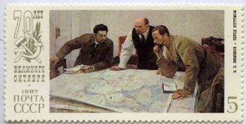 Γραμματόσημο για τα 70 χρόνια του Οκτώβρη, με τον Λένιν μπροστά στο χάρτη της Πετρούπολης
