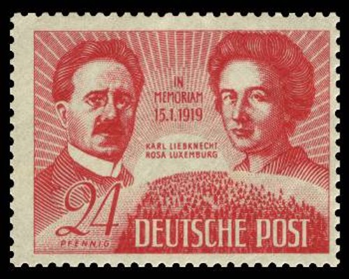 {3}Γραμματόσημο του 1949, από τον Σοβιετικό Τομέα στη Γερμανία. Μνήμη των Ρόζας Λούξεμπουργκ και Καρλ Λίμπκνεχτ, που δολοφονήθηκαν στις 15 Γενάρη του 1919