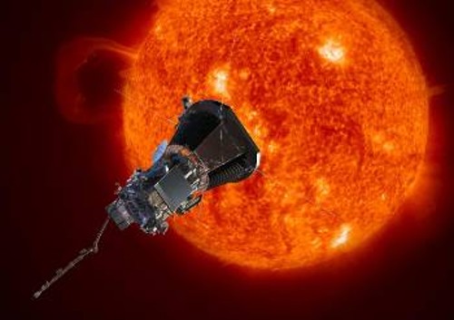 Καλλιτεχνική απεικόνιση του Ηλιακού Ανιχνευτή «Πάρκερ» με φόντο τον Ηλιο, την ώρα που το άστρο εκδηλώνει εκλάμψεις