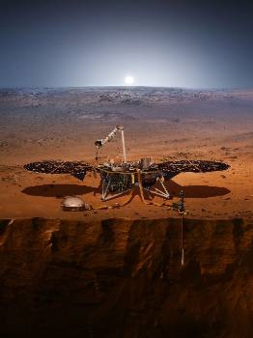 Καλλιτεχνική απεικόνιση του «Mars InSight» «επί το έργον» στην επιφάνεια του Αρη