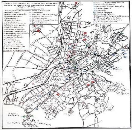 Χάρτης από έκδοση της Διεύθυνσης Ιστορίας Στρατού, που απεικονίζει τα 28 κατειλημμένα από τον μαχόμενο λαό αστυνομικά τμήματα (σημειωμένα με κόκκικο κύκλο)
