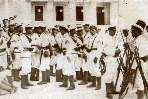 Τμήμα πεζοναυτών ενάντια στις λαϊκές διαδηλώσεις τις πρώτες μέρες εφαρμογής του «Ιδιώνυμου», 1929