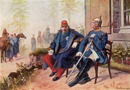 Στην εικόνα ο Ναπολέων ΙΙΙ (αριστερά) στο Σεντάν, αιχμάλωτος του Πρώσου καγκελάριου Μπίσμαρκ. Μετά την ήττα της επανάστασης του 1848, ο Λουδοβίκος Βοναπάρτης έγινε Πρόεδρος της Γαλλικής Δημοκρατίας και δύο χρόνια αργότερα, τον Δεκέμβρη 1852, ανακηρύχθηκε Αυτοκράτορας της Γαλλίας (Ναπολέων ΙΙΙ). Η ήττα στο Σεντάν, 2 Σεπτέμβρη 1870, έφερε το τέλος της ΙΙ Γαλλικής Αυτοκρατορίας