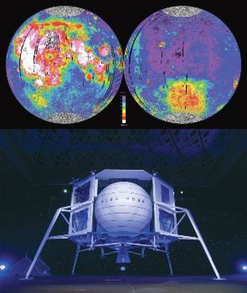 Πάνω κατανομή συγκεντρώσεων σιδήρου στην επιφάνεια της Σελήνης, όπως καταγράφηκε από το σκάφος «Κλημεντίνη» το 1994 και κάτω σχέδιο της σεληνακάτου «Μπλε Φεγγάρι», που αναπτύσσει η εταιρεία «Blue Origin»