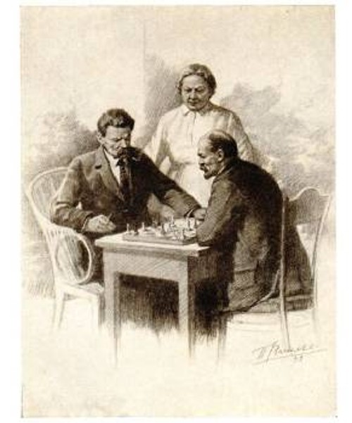 Ο Λένιν παίζει σκάκι με τον Γκόρκι υπό το βλέμμα της Ν. Κρούπσκαγια. Πίνακας του P. V. Vasilyev (1944)
