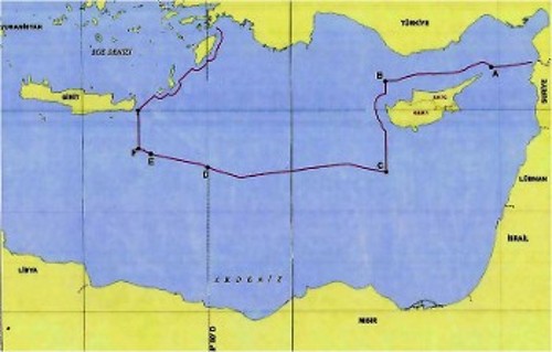 Ο χάρτης που εμφανίζει η Τουρκία και όπου, στα σημεία F έως E, είναι το υποτιθέμενο κοινό της σύνορο με την Λιβύη