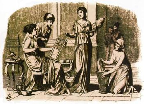 «Ελληνίδων έργα κατ' οίκον». Η αθηναϊκή δημοκρατία δεν εξίσωσε τη γυναίκα...(Κλασικιστική αναπαράσταση του 19ου αι. από τον J. Buhlmann)