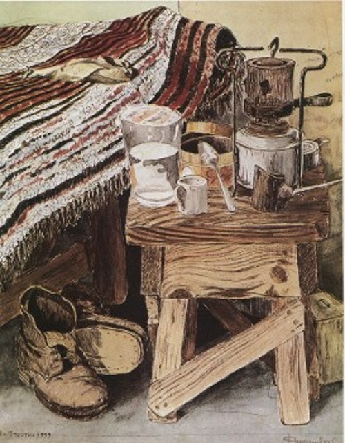 Καφέμπρικα σε αντίσκηνο του Αϊ - Στράτη, ακουαρέλα και σινική, 1959