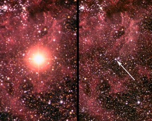 Αριστερά: Ο υπερκαινοφανής SN 1987A στο Μεγάλο Νέφος του Μαγγελάνου, δορυφόρο του δικού μας Γαλαξία. Δεξιά: Το ίδιο αστέρι πριν εκραγεί. Πηγή: David Malin, Australian Astronomical Observatory