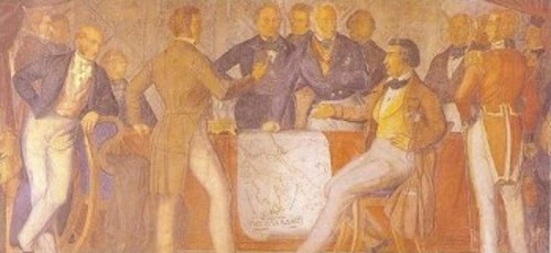 «Η υπογραφή της Συνθήκης του Λονδίνου από τους εκπροσώπους της Αγγλίας, της Γαλλίας και της Ρωσίας» ​(Τοιχογραφία στο κτίριο της ελληνικής Βουλής)