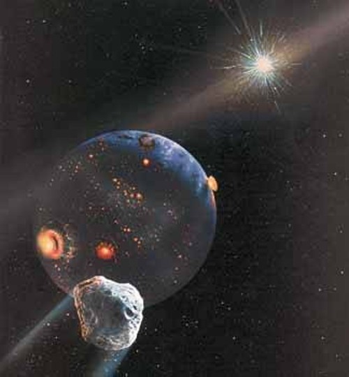 Καλλιτεχνική απεικόνιση της πρώτης περιόδου σχηματισμού του Ποσειδώνα και ενός αρκετά μικρότερου ουράνιου σώματος από πέτρα και πάγο που περνάει κοντά του. Οι εκρήξεις πάνω στον πλανήτη είναι αποτέλεσμα της πρόσκρουσης μετεωριτών και τέτοιων «πλανητοειδών»