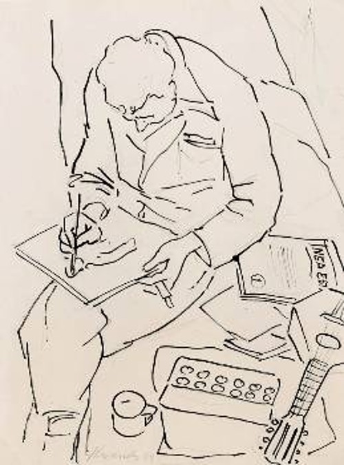 Εργο του Γ. Στεφανίδη, που απεικονίζει τον Γ. Ρίτσο στην εξορία, το 1949. Δίπλα του το περίφημο μαντολίνο, με το οποίο ψυχαγωγούσε τους εξόριστους