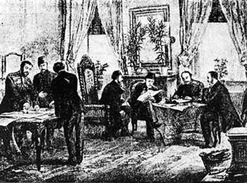 Η υπογραφή της ρωσοτουρκικής συνθήκης του Αγίου Στεφάνου, γκραβούρα του 1848