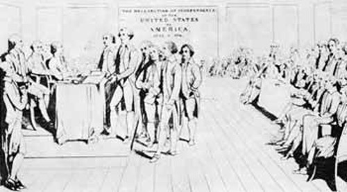 Η υπογραφή της Διακήρυξης της Ανεξαρτησίας των ΗΠΑ - Γκραβούρα της εποχής