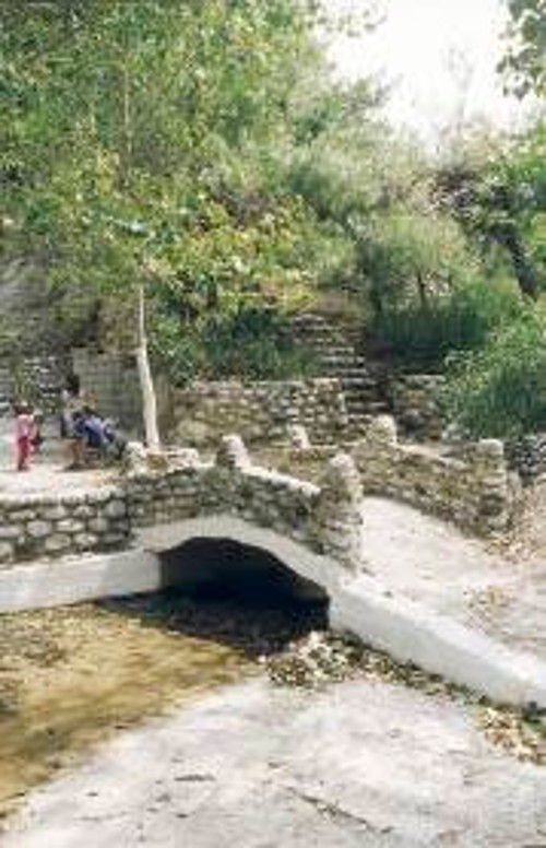 Το γεφυράκι (κάτω από το οποίο κυλάνε τα νερά που κατεβαίνουν απ' το βουνό), που οδηγεί στην παιδική χαρά, στο γήπεδο και στο κιόσκι
