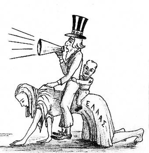 Σκίτσο, που δείχνει την Αμερική και τον Παπαδόπουλο πάνω στη γονατισμένη από τους ίδιους Ελλάδα