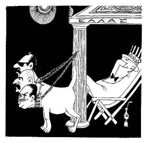 Σκίτσο του Διογένη στον «Ελληνικό Ταχυδρόμο» του Καναδά, που παρουσιάζει τους τρείς πρωτεργάτες της χούντας, Παπαδόπουλο, Πατακό, Μακαρέζο ως «Κέρβερο»
