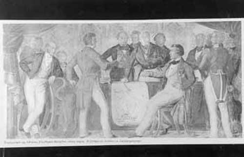 Η υπογραφή της Συνθήκης του Λονδίνου από τους εκπροσώπους της Αγγλίας, της Ρωσίας και της Γαλλίας. Τοιχογραφία του Γκουγκενμπέργκερ στο κτίριο της ελληνικής Βουλής.