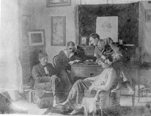 Στο χωριό των Αλεξίου, στο Κράσι, το 1912. Από αριστερά: Κ. Βάρναλης, Χ. Στεφανίδης, Ν. Καζαντζάκης και Γ. Καζαντζάκη