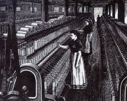 Στα τέλη του 19ου αιώνα, χιλιάδες γυναίκες και κορίτσια εργάστηκαν στη βιομηχανία κλωστοϋφαντουργίας του Νιου Τζέρσεϊ των ΗΠΑ. (Χαρακτικό που απεικονίζει εργάτριες το 1890 να εργάζονται στις μηχανές, στο ξετύλιγμα των ινών)
