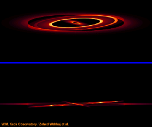Εικόνα που δημιουργήθηκε με τη βοήθεια υπολογιστή, με βάση την υπέρυθρη παρατήρηση του αστέρα βήτα -Οκρίβα από το αστεροσκοπείο Κεκ. Στο πάνω μέρος ο πιθανολογούμενος πρωτοπλανητικός δίσκος υπό γωνία παρατήρησης 10 μοιρών και κάτω όπως φαίνεται από τη Γη