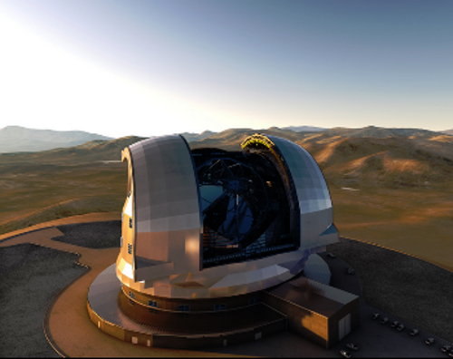 Από αριστερά προς τα δεξιά, το Ευρωπαϊκό Εξαιρετικά Μεγάλο Τηλεσκόπιο, το Τηλεσκόπιο Τριάντα Μέτρων και το Γιγαντιαίο Μαγγελανικό Τηλεσκόπιο