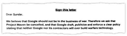 Κείμενο υπογραφών εργαζομένων στην «Google», με την παράκληση προς τον διευθύνοντα σύμβουλο να μη συμμετάσχει η εταιρεία στην παραγωγή τεχνολογίας οπλικών συστημάτων