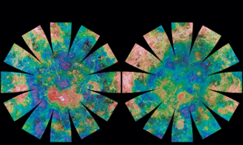 Χάρτες της επιφάνειας της Αφροδίτης με ψευδοχρώματα, από τα δεδομένα, που έστειλαν η αμερικάνικη διαστημοσυσκευή «Μαγγελάνος» και οι σοβιετικές αποστολές «Βενέρα». Σ' αυτούς φαίνονται διάφορα χαρακτηριστικά, συμπεριλαμβανομένης της κυκλικής Κορόνας της Αρτεμης (δεξιός χάρτης πάνω αριστερά), που θα μπορούσαν να αποτελούν ενδείξεις τεκτονικής δραστηριότητας