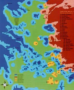 Ανεπίσημος τουρκικός χάρτης του Αιγαίου. Με γαλάζιο χρώμα τα ελληνικά χωρικά ύδατα των 6 μιλίων και με ροζ χρώμα τα τουρκικά χωρικά ύδατα. Με κίτρινο - μπεζ χρώμα τα ελληνικά νησιά με τα αντίστοιχα χωρικά ύδατα, που κατά την Τουρκία είναι «γκρίζες ζώνες»