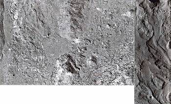 Λεπτομερείς φωτογραφίες των κρατήρων Τζιορντάνο Μπρούνο (αριστερά) και Μάντελσταμ F (δεξιά), εμφανίζουν χαρακτηριστικά που είναι αποτέλεσμα ροών λιωμένων πετρωμάτων που σχηματίστηκαν από την πρόσκρουση μετεωριτών. Οι επιστήμονες θέλουν να μάθουν τις λεπτομέρειες των διεργασιών που προκαλούν αυτές οι προσκρούσεις