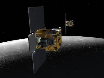 Καλλιτεχνική απεικόνιση των δίδυμων διαστημοσυσκευών GRAIL πάνω από τη Σελήνη