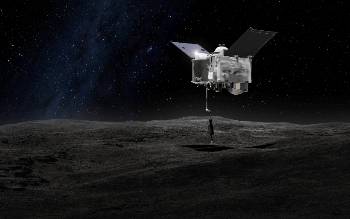 Καλλιτεχνική απεικόνιση του «OSIRIS - REx» με προτετατεμένο τον βραχίονα για τη λήψη δείγματος από τον αστεροειδή Μπενού