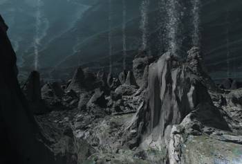Υδροθερμικά ρευστά αναβλύζουν από το θερμό εσωτερικό του Εγκέλαδου, μέσα στον υπόγειο ωκεανό του (καλλιτεχνική απεικόνιση)