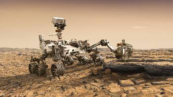Καλλιτεχνική απεικόνιση του ρόβερ της αποστολής «Αρης 2020», την ώρα που εξετάζει με επιστημονικά όργανα κάποιο βράχο στην επιφάνεια του κόκκινου πλανήτη