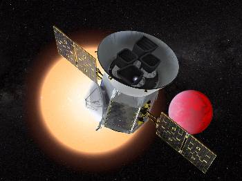 Εκτός κλίμακας καλλιτεχνική απεικόνιση του TESS μπροστά από έναν εξωπλανήτη και το άστρο του
