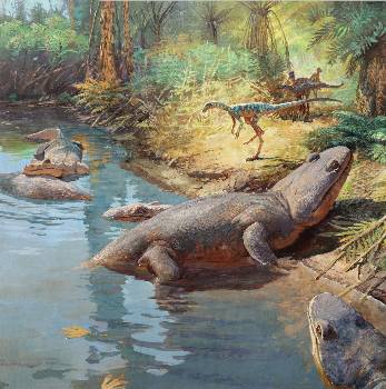 Δρομομέροντες, είδος πρόδρομου δεινοσαύρου, πλησιάζουν με προσοχή για να πιουν νερό από το ποτάμι, πριν από 212 εκατομμύρια χρόνια σε μια περιοχή του σημερινού Νέου Μεξικού των ΗΠΑ. Κοσκινονόδοντες, γιγάντια αμφίβια, κείτονται περιμένοντας, σε αυτή την καλλιτεχνική απεικόνιση που θέλει να δείξει ότι τα αμφίβια συνέχισαν να κυριαρχούν στη Γη για πολύ καιρό μετά την εμφάνιση των πρώτων δεινοσαύρων