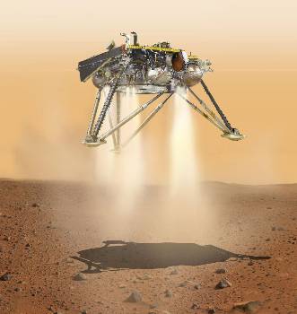 Καλλιτεχνική απεικόνιση της τελικής φάσης προσεδάφισης του «Mars InSight» στην Πεδιάδα των Ηλυσίων (Elysium Planitia)