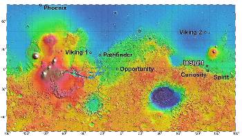 Το επιδιωκόμενο σημείο προσεδάφισης της αποστολής «Mars InSight» κοντά στον ισημερινό και τα σημεία προσεδάφισης προηγούμενων αποστολών της NASA στον Αρη