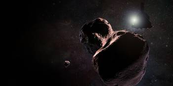 Καλλιτεχνική απεικόνιση της διαστημοσυσκευής «Νέοι Ορίζοντες» (πάνω δεξιά με τον Ηλιο στο βάθος) καθώς περνά κοντά από την Εσχατη Θούλη