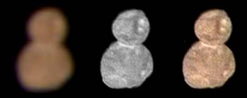 Δεξιά έγχρωμη φωτογραφία της Εσχατης Θούλης, στη μέση ασπρόμαυρη μεγαλύτερης ανάλυσης και αριστερά εικόνα από τη σύνθεση άλλων φωτογραφιών που λήφθηκαν στο υπέρυθρο, το κόκκινο και το γαλάζιο χρώμα. Η έγχρωμη φωτογραφία πάρθηκε από απόσταση 137.000 χιλιομέτρων την Πρωτοχρονιά και δείχνει την κοκκινωπή απόχρωση αυτού του σώματος της ζώνης Κάιπερ