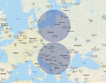 Ο χάρτης απεικονίζει το βεληνεκές της ζώνης «άρνησης πτήσεων» στα αεροπλάνα του ΝΑΤΟ στο ενδεχόμενο μελλοντικής ενεργοποίησης των συστημάτων ταυτόχρονα σε Καλίνιγκραντ και Σερβία
