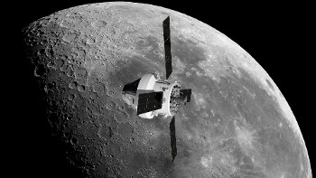 Η κάψουλα «Ωρίων» και το Ευρωπαϊκό Τμήμα Εξυπηρέτησης σε απεικόνιση με φόντο τη Σελήνη