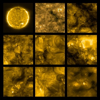 Λεπτομέρειες του χαοτικού και διαρκούς «αναβρασμού» του πλάσματος στο άστρο του πλανητικού μας συστήματος. Το γκρίζο σχήμα στο πάνω αριστερά μέρος της κεντρικής φωτογραφίας δεν είναι ηλιακό χαρακτηριστικό, αλλά οπτικό τεχνούργημα οφειλόμενο στον αισθητήρα